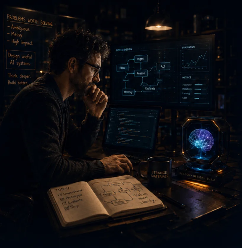 The operator at the lab desk — system design on screen, notebook open, a glowing brain core beside the Strange Materials mug