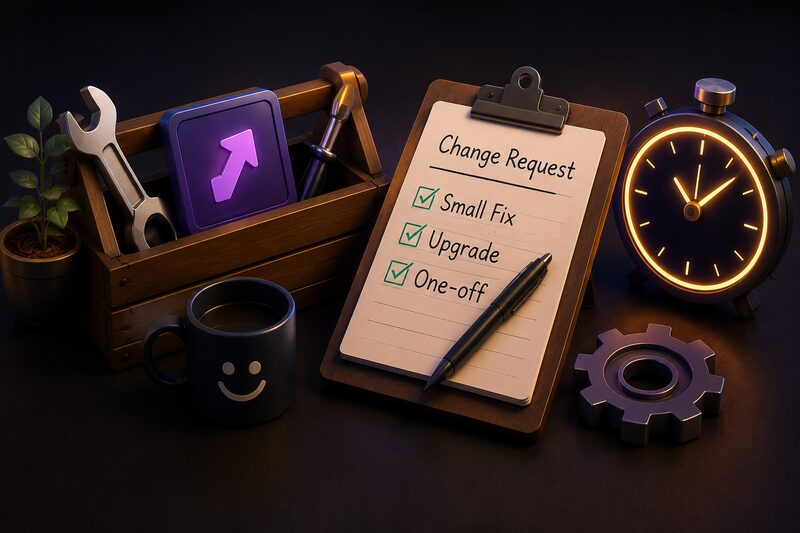 A Change Request clipboard with Small Fix, Upgrade and One-off ticked off, beside a toolbox, stopwatch and gear