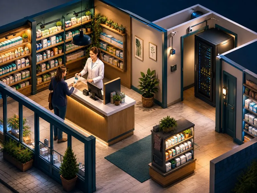 An on-premise setup — a pharmacy running its own server quietly in the corner