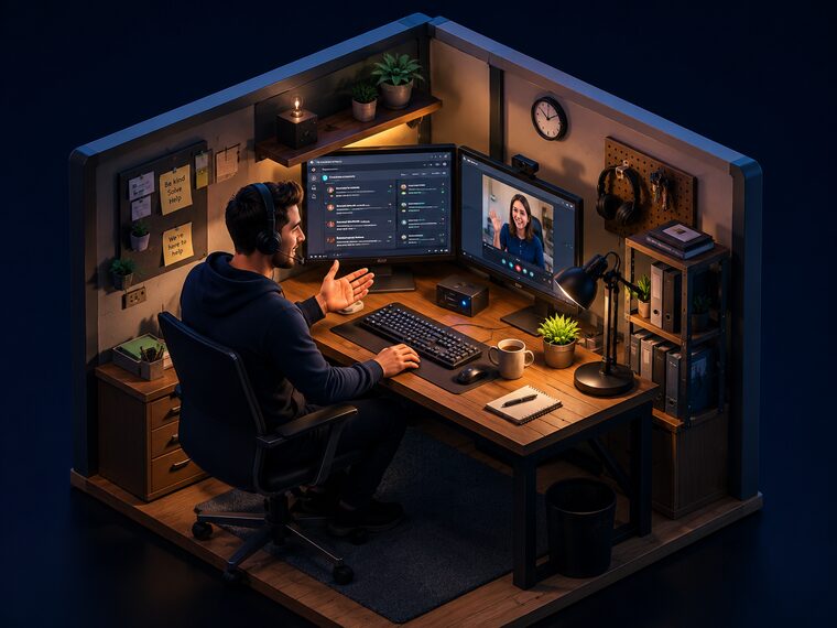 A support specialist on a video call, helping a customer from a tidy home office