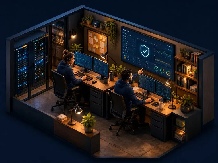 Our operations team monitoring systems on a live health dashboard beside the server racks