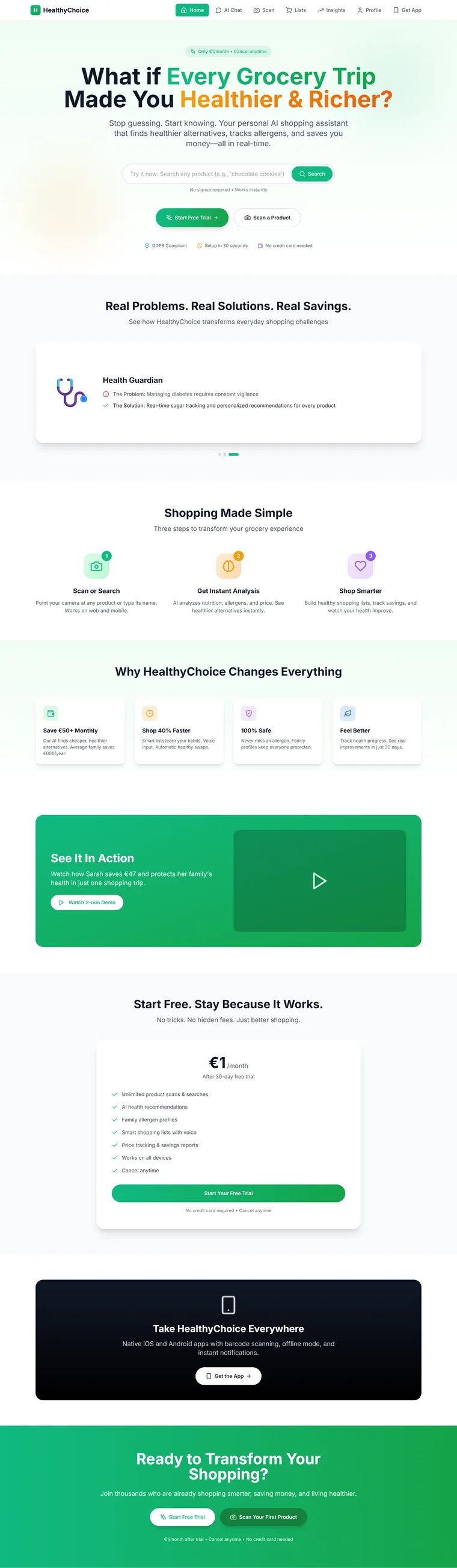 HealthyChoice — AI Shopping Planner Platform homepage
