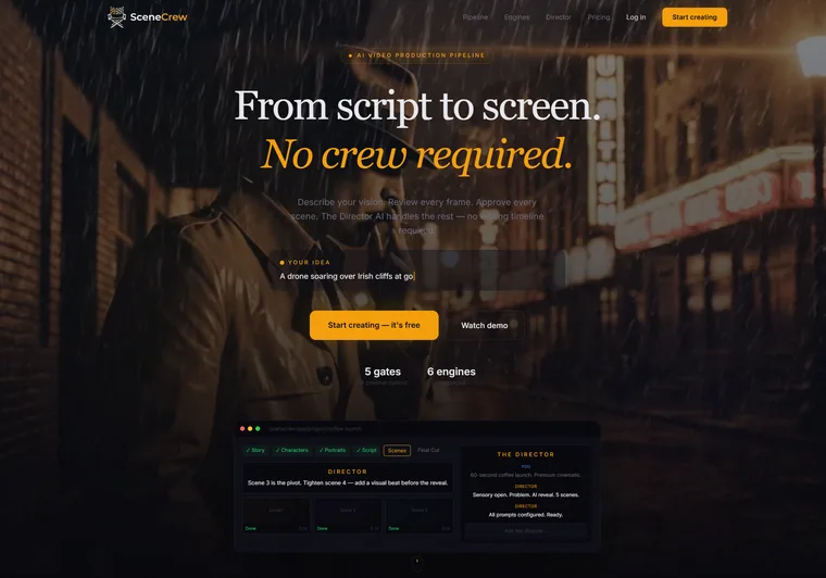 SceneCrew — AI Video Director Platform homepage